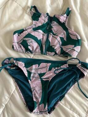 Hobie Women's Tropical Palm Leaf Zip Front High Neck Bikini Set